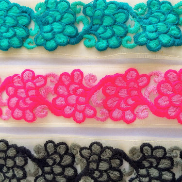 Beige Net Lace Trim With Blue / Black And Grey / Pink Floral Embroidery, Floral Trim, Approx. 45mm wide - 210119L508 / 09/ 10